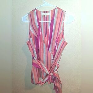 Etcetera Pink And Coral Striped Belted Sleeveless Blouse Top Side Zipper 6